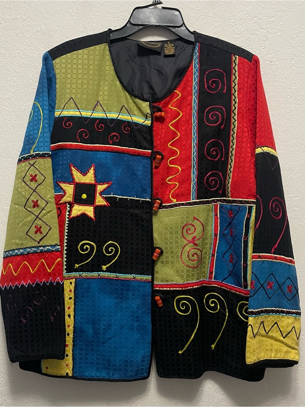 Julia Kim Jacket Womens L Multicolor Embroidered Patchwork Unique Button Front